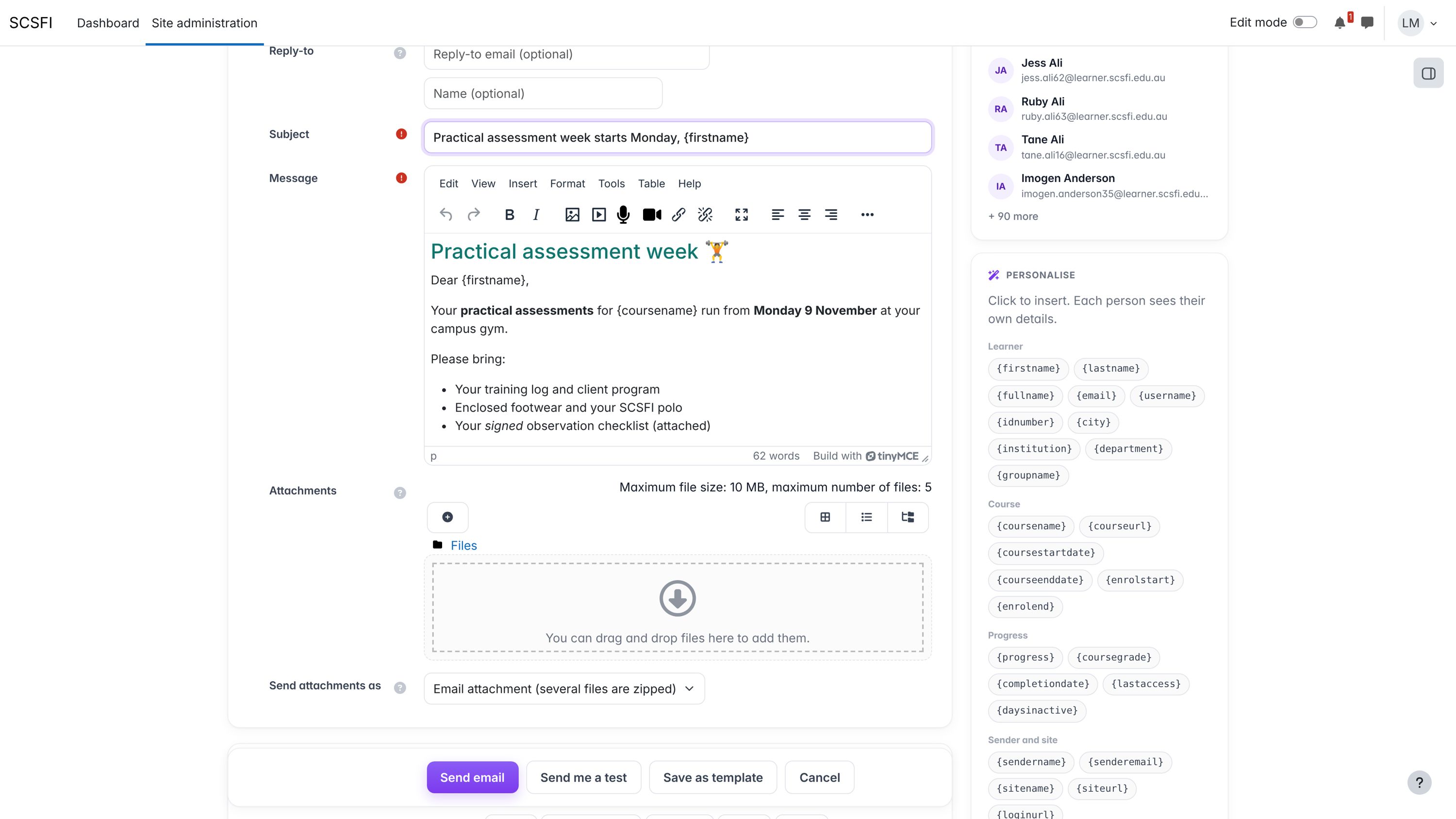 Email Students compose screen with filters, editor and audience panel