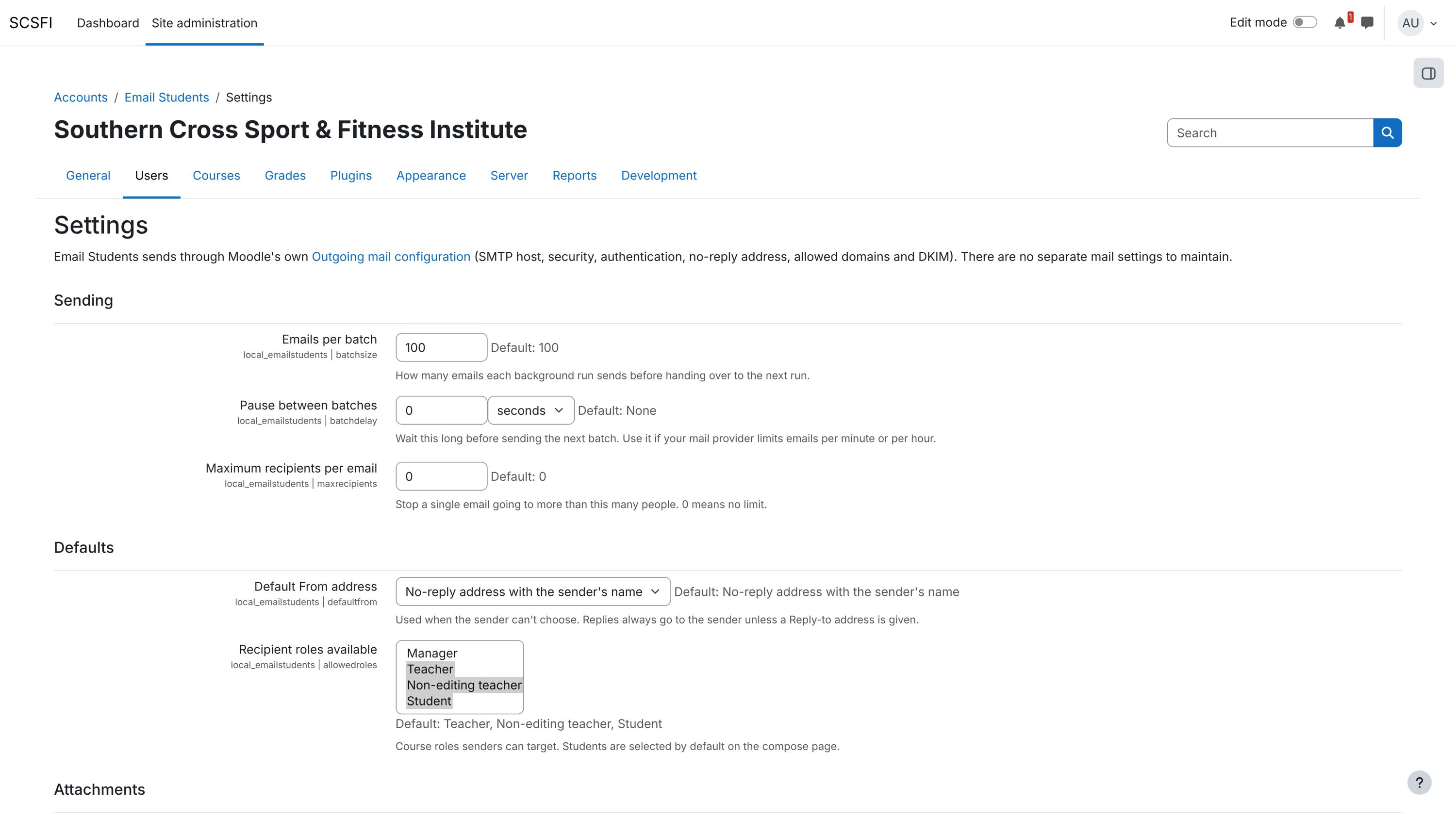 Email Students administration settings.