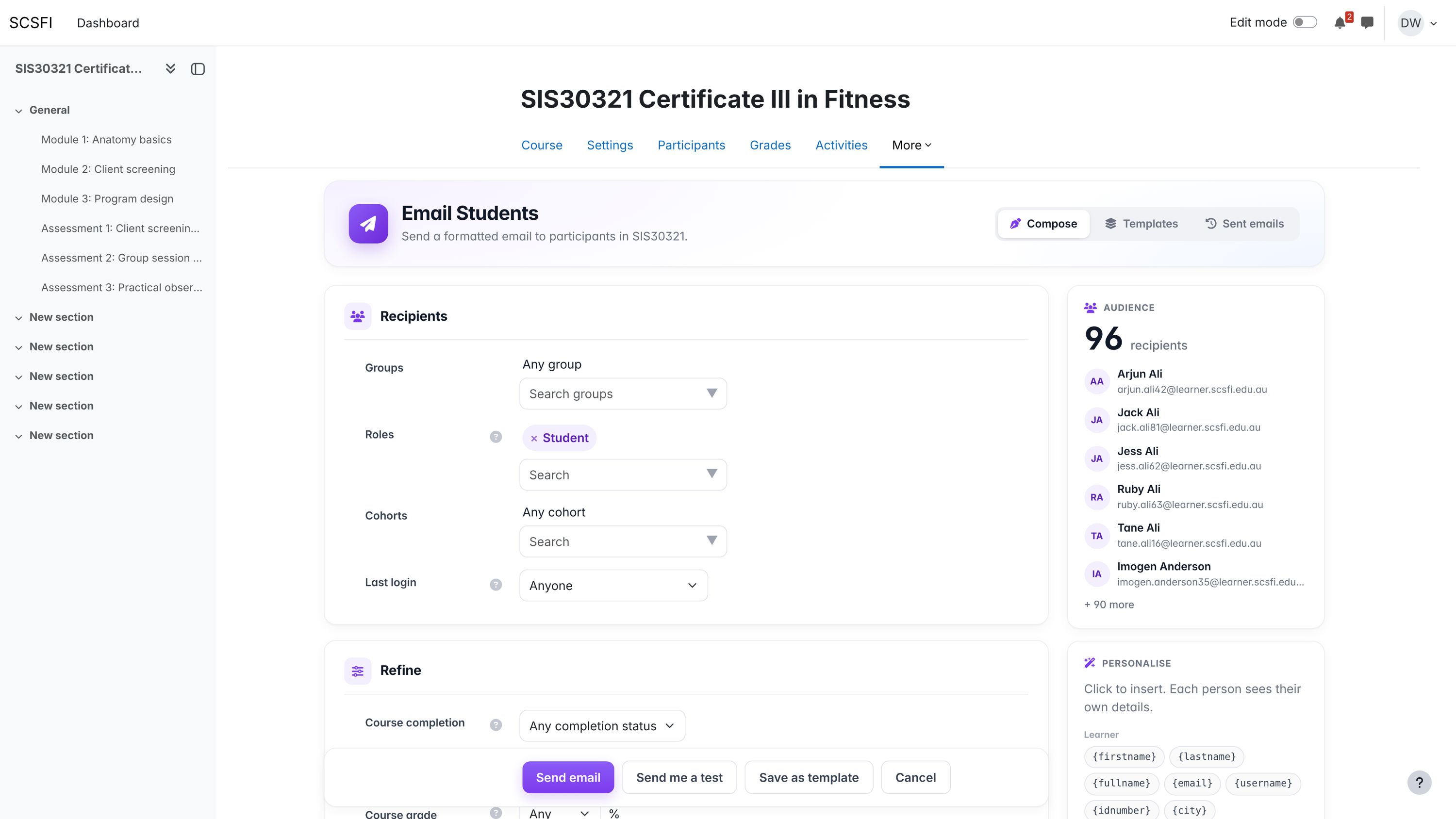 Trainer compose, scoped to course and permitted groups.