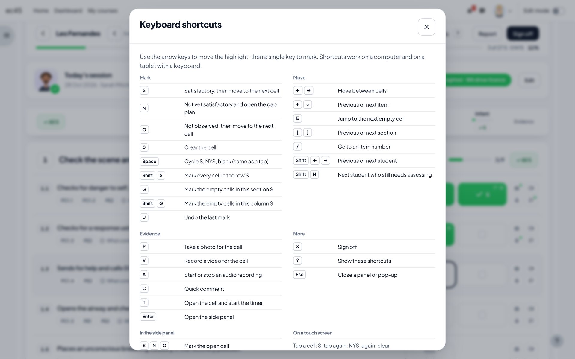 Shortcuts menu