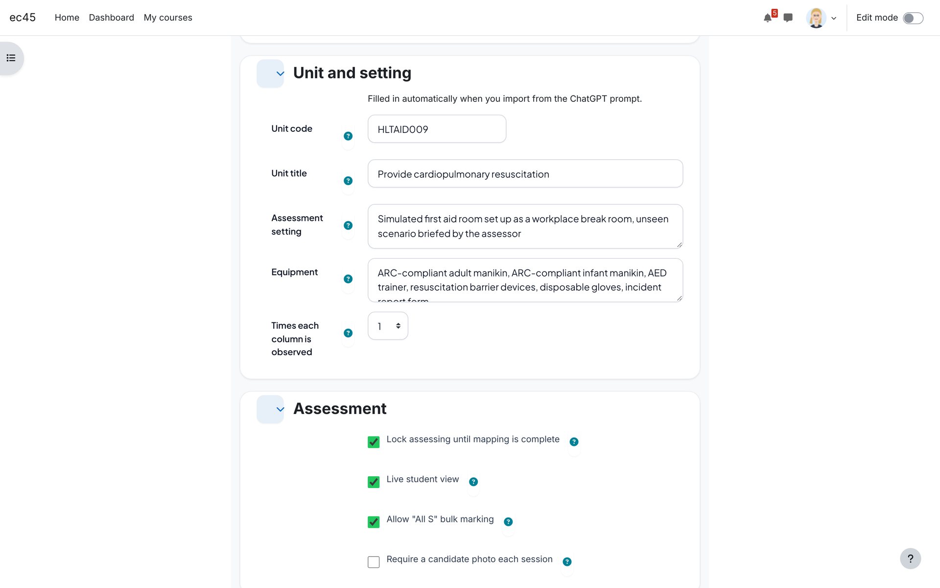 Activity settings