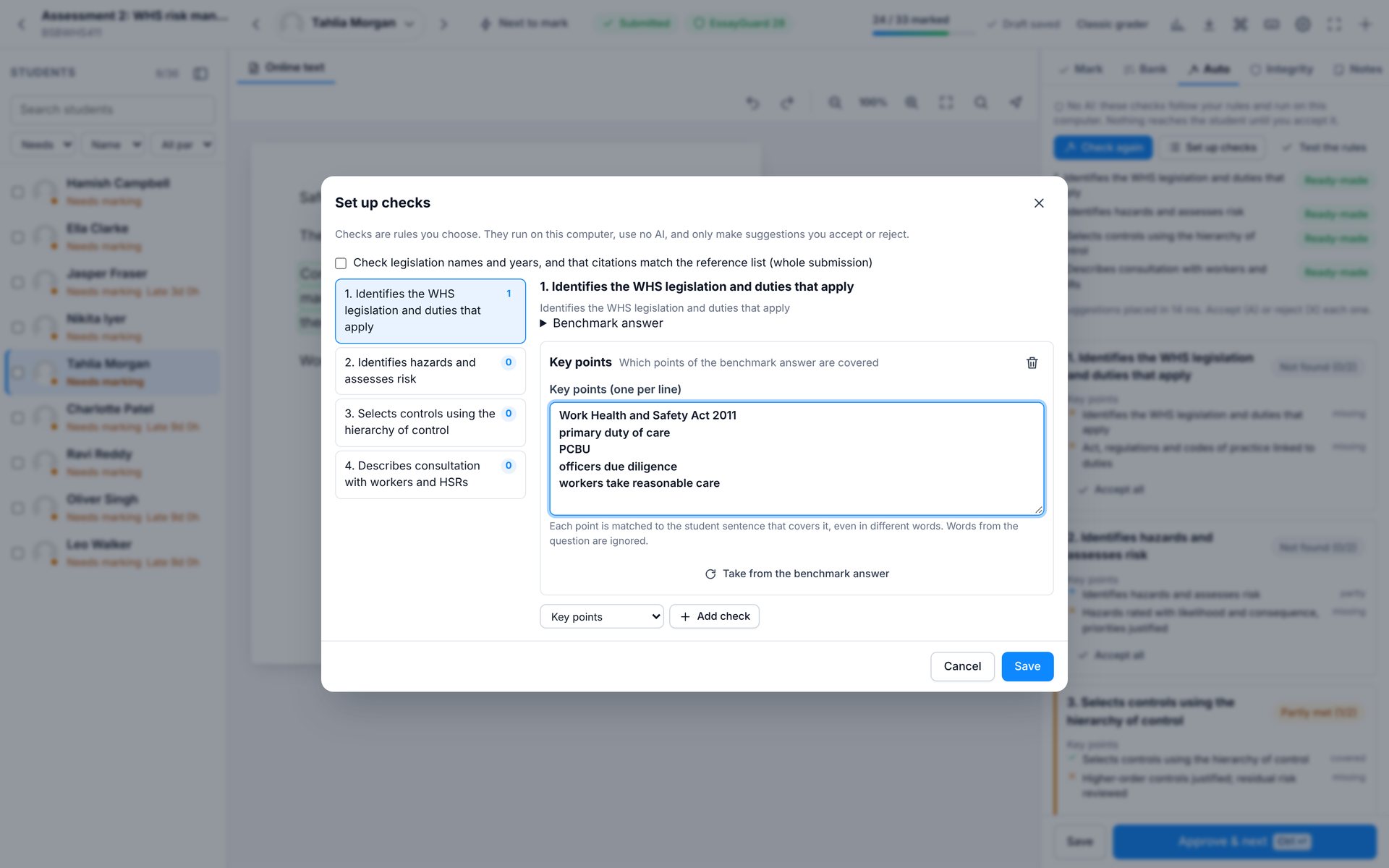 Set up checks. Choose what auto-marking looks for in each criterion.
