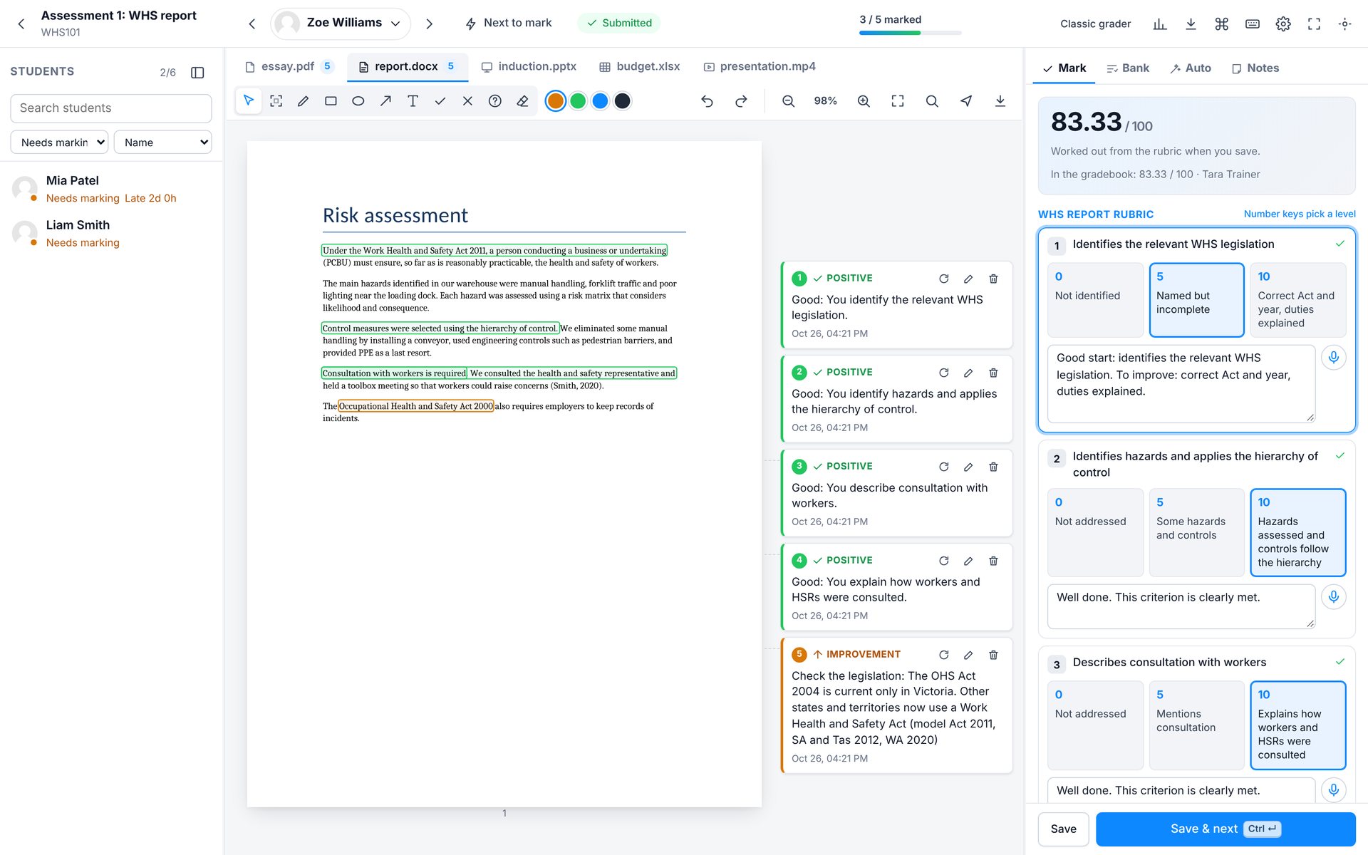 Word documents. Converted to PDF by Moodle, then marked like any PDF.