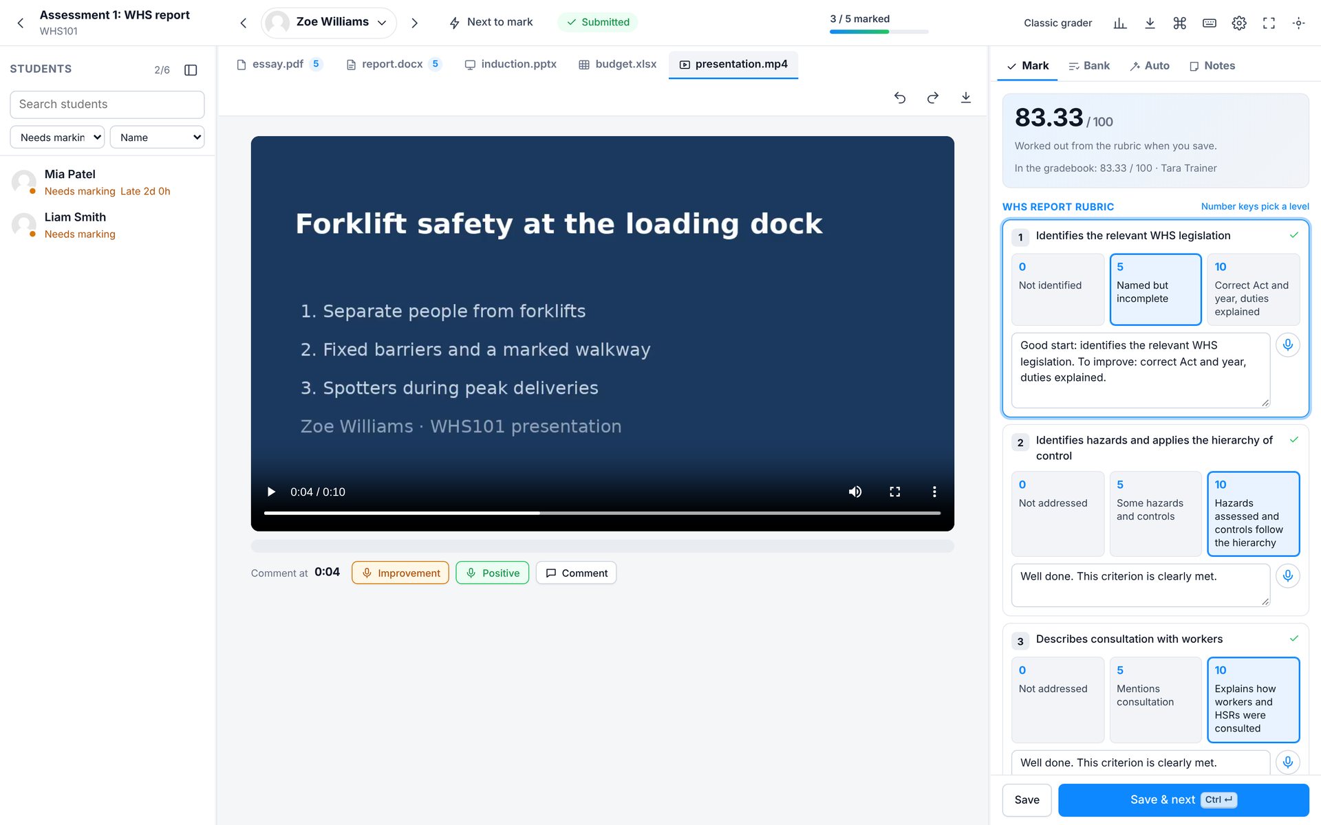 Video and audio. Pause at any moment and leave a timed comment, typed or spoken.