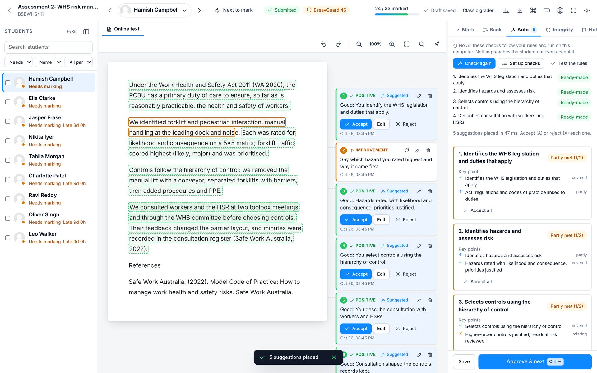 The Auto tab. Exactly which key points each student covered, and why each level was suggested.