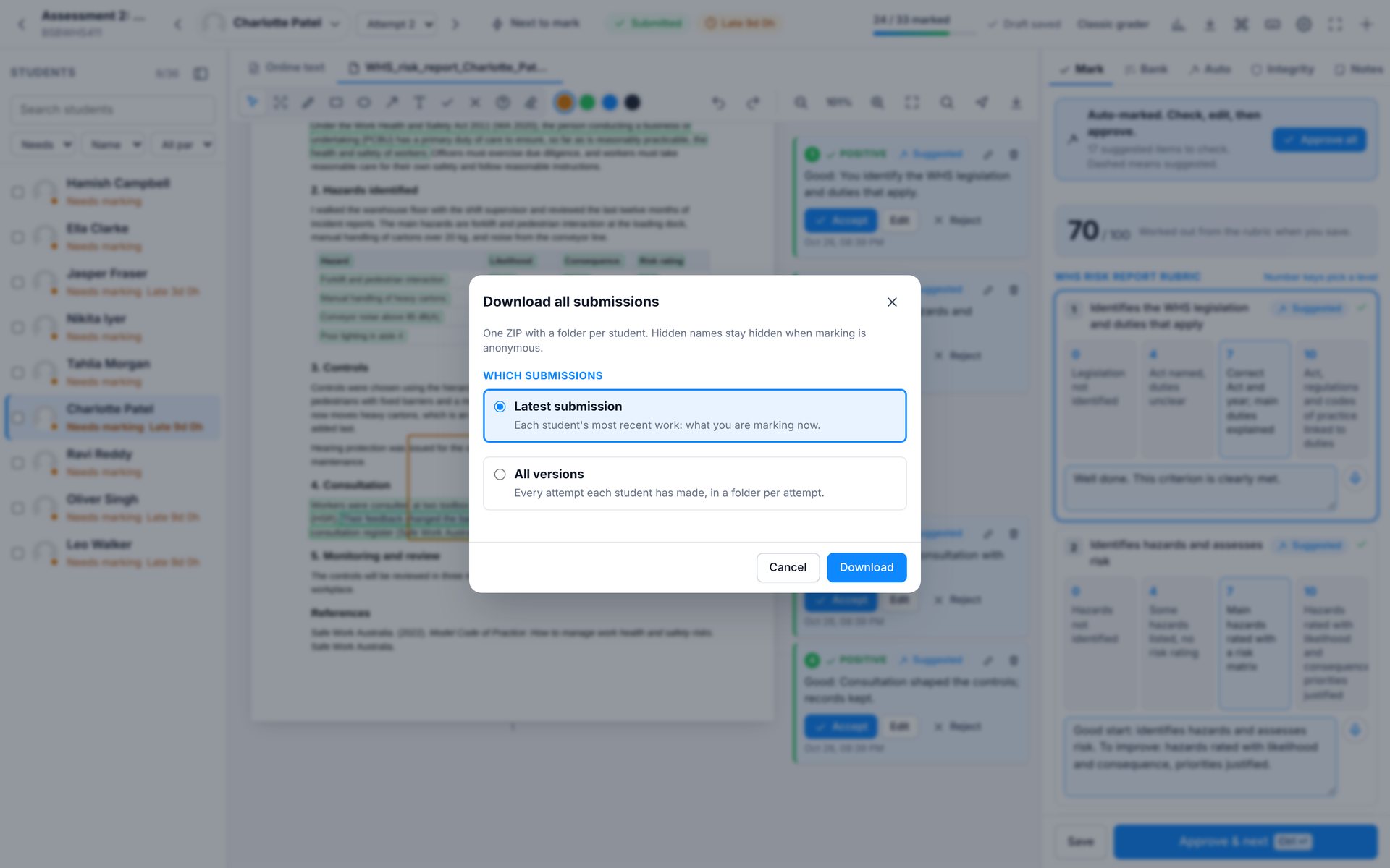 Download all submissions. The latest version or every version, in one ZIP with a folder per student.