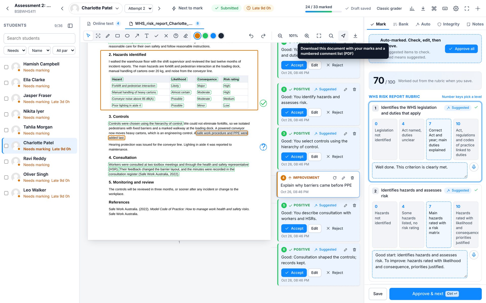 Download with comments. Any document as a PDF with your marks and a numbered comment list.