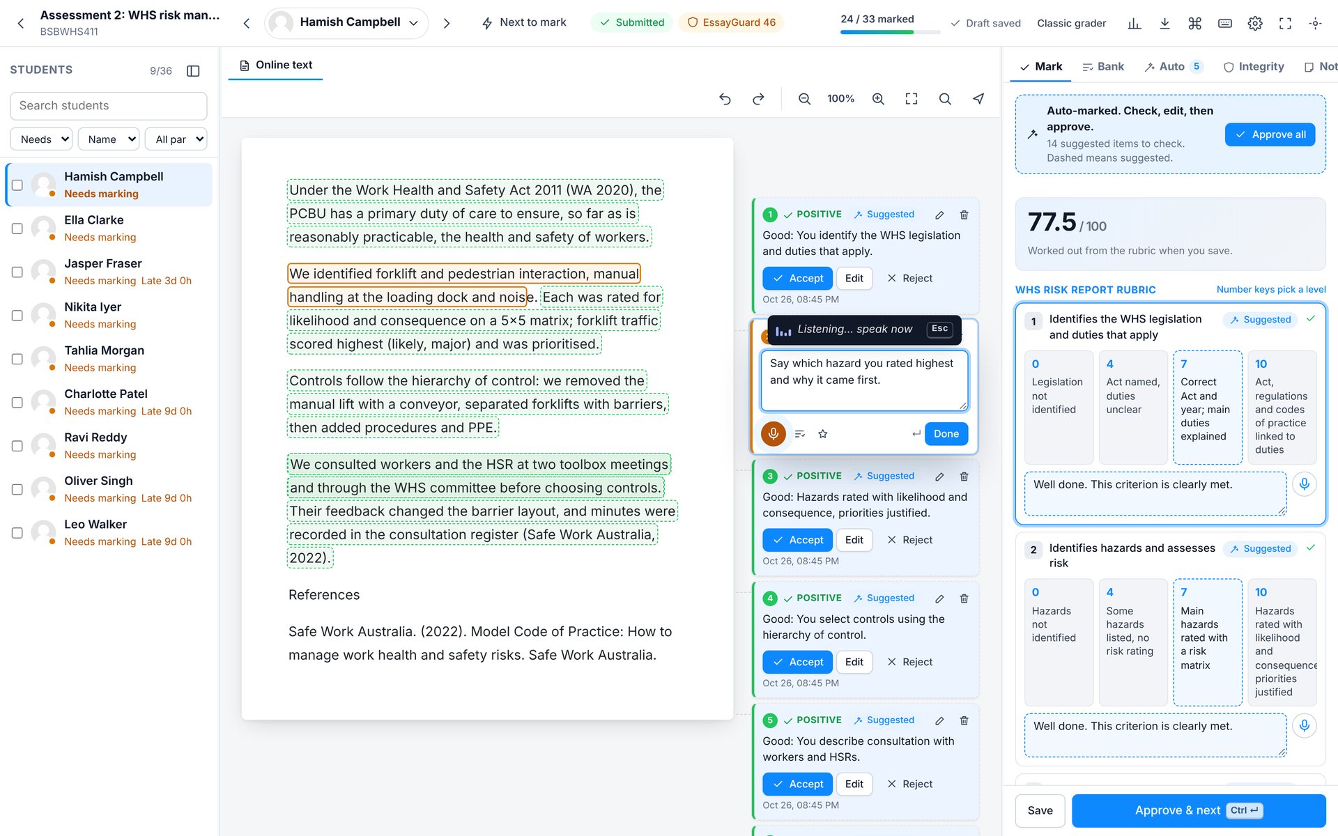 Writing a comment. The comment opens next to the text and starts listening. Type or speak.