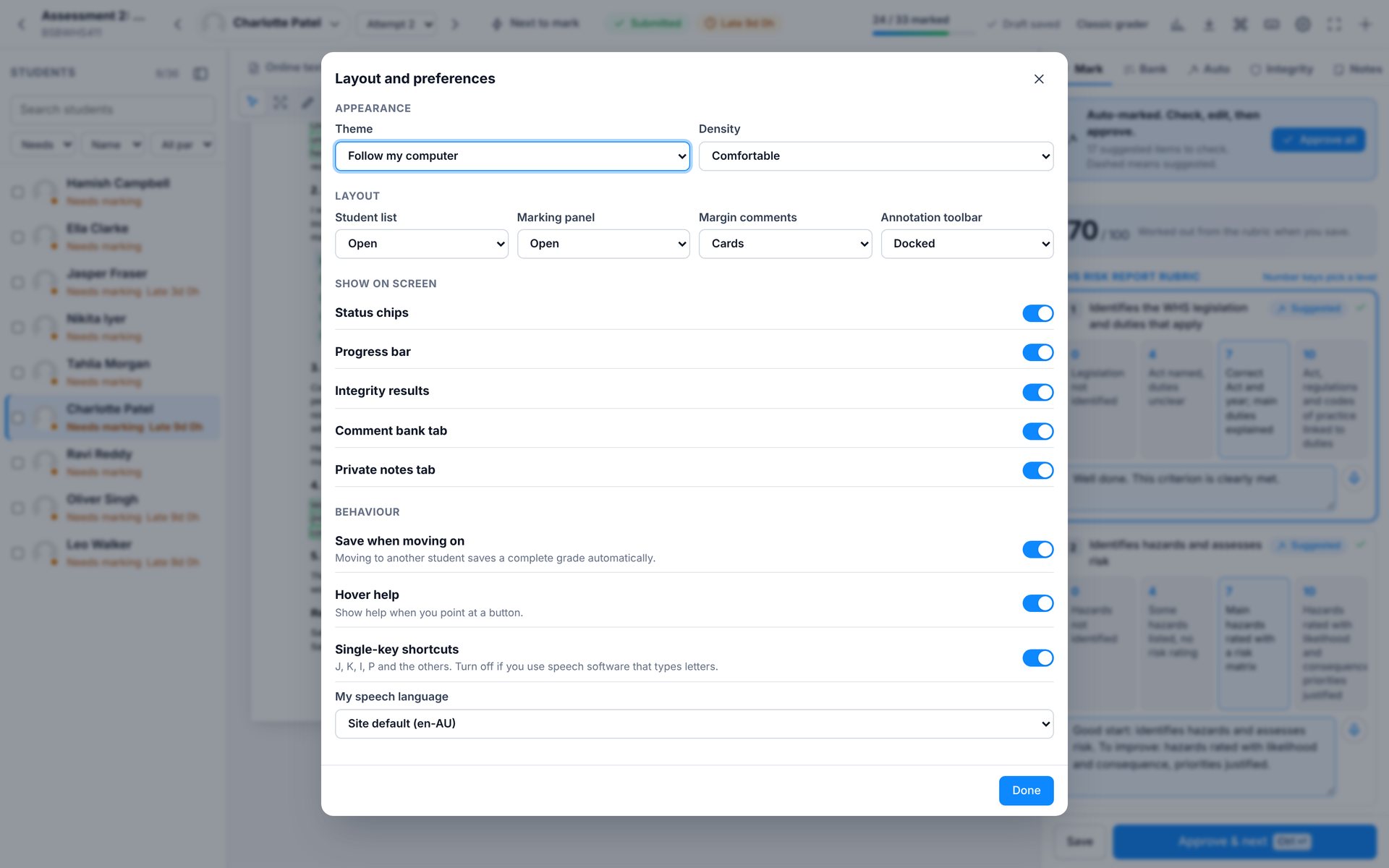 Layout and preferences. Theme, density, panels, margin comments and behaviour, per marker.