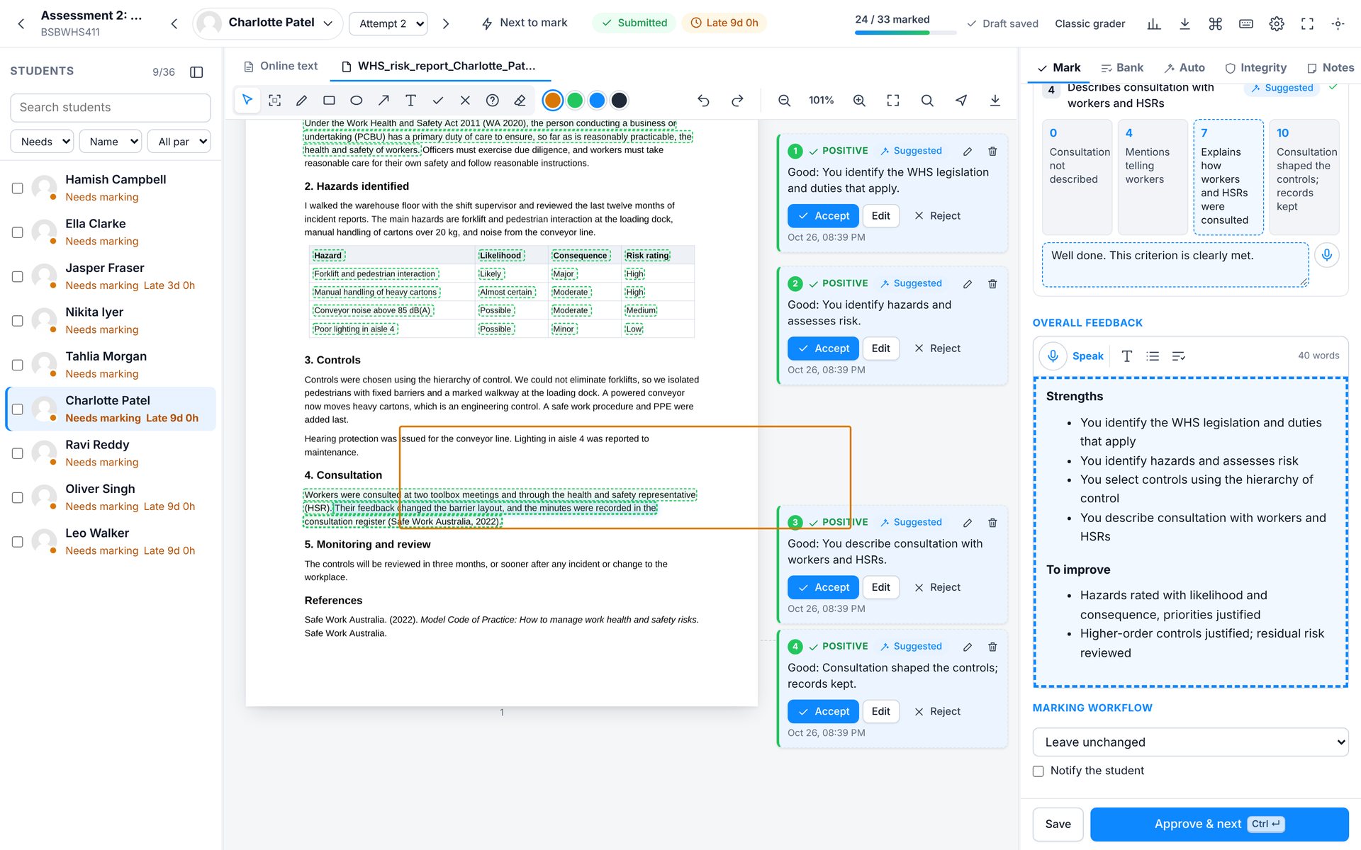 Marking workflow. Set the workflow stage and choose whether to notify the student.