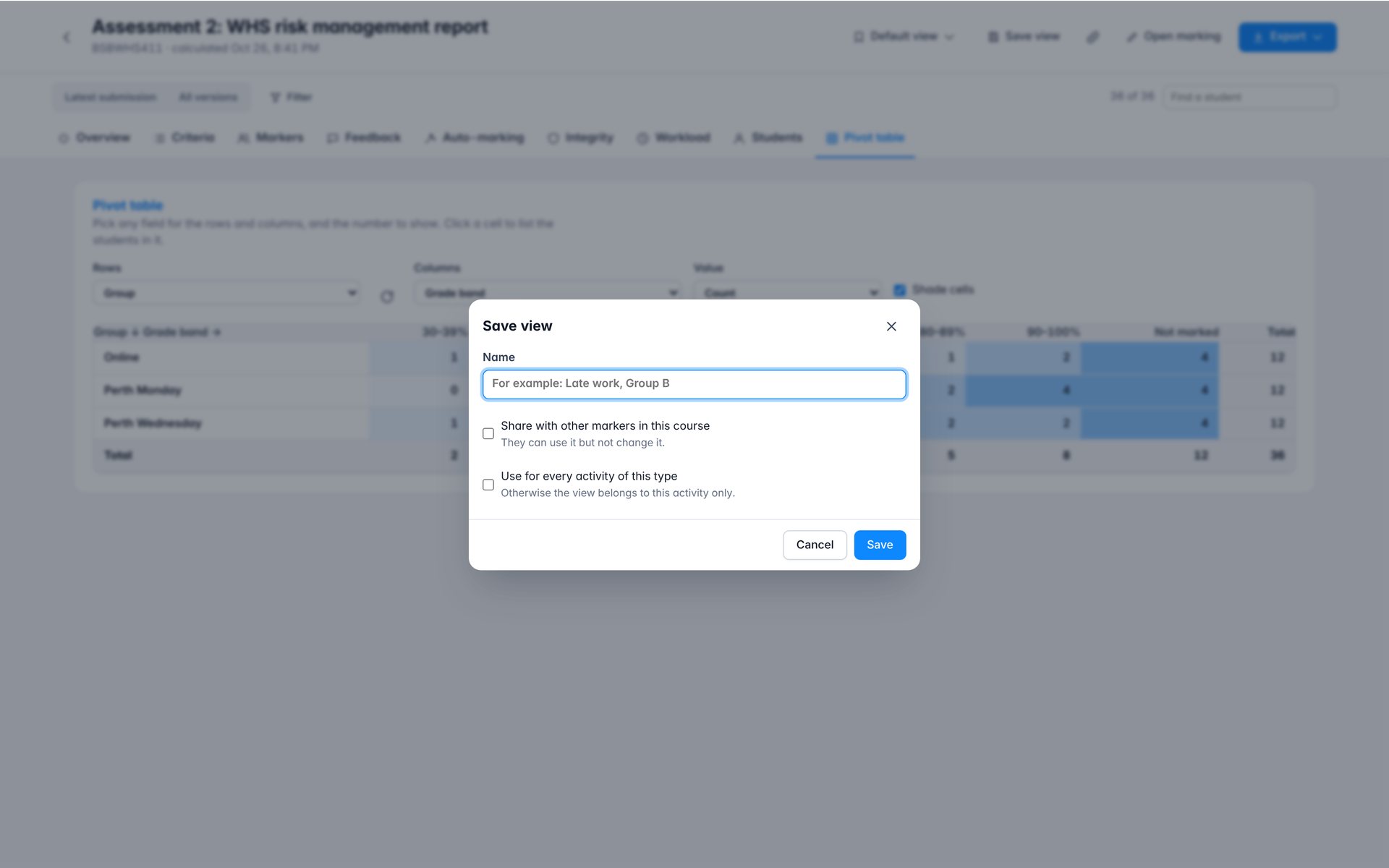 Save a view. Save filters, tab, pivot and columns. Share with other markers if you like.