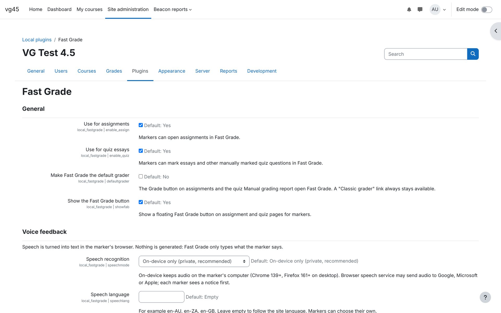 Plugin settings. Site administration › Plugins › Local plugins › Fast Grade.