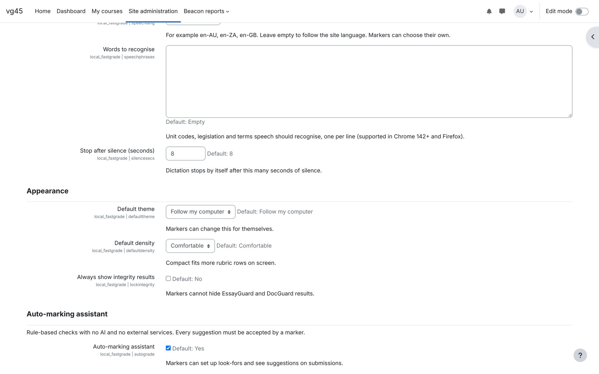 Voice and auto-marking settings. Speech, appearance and auto-marking options.