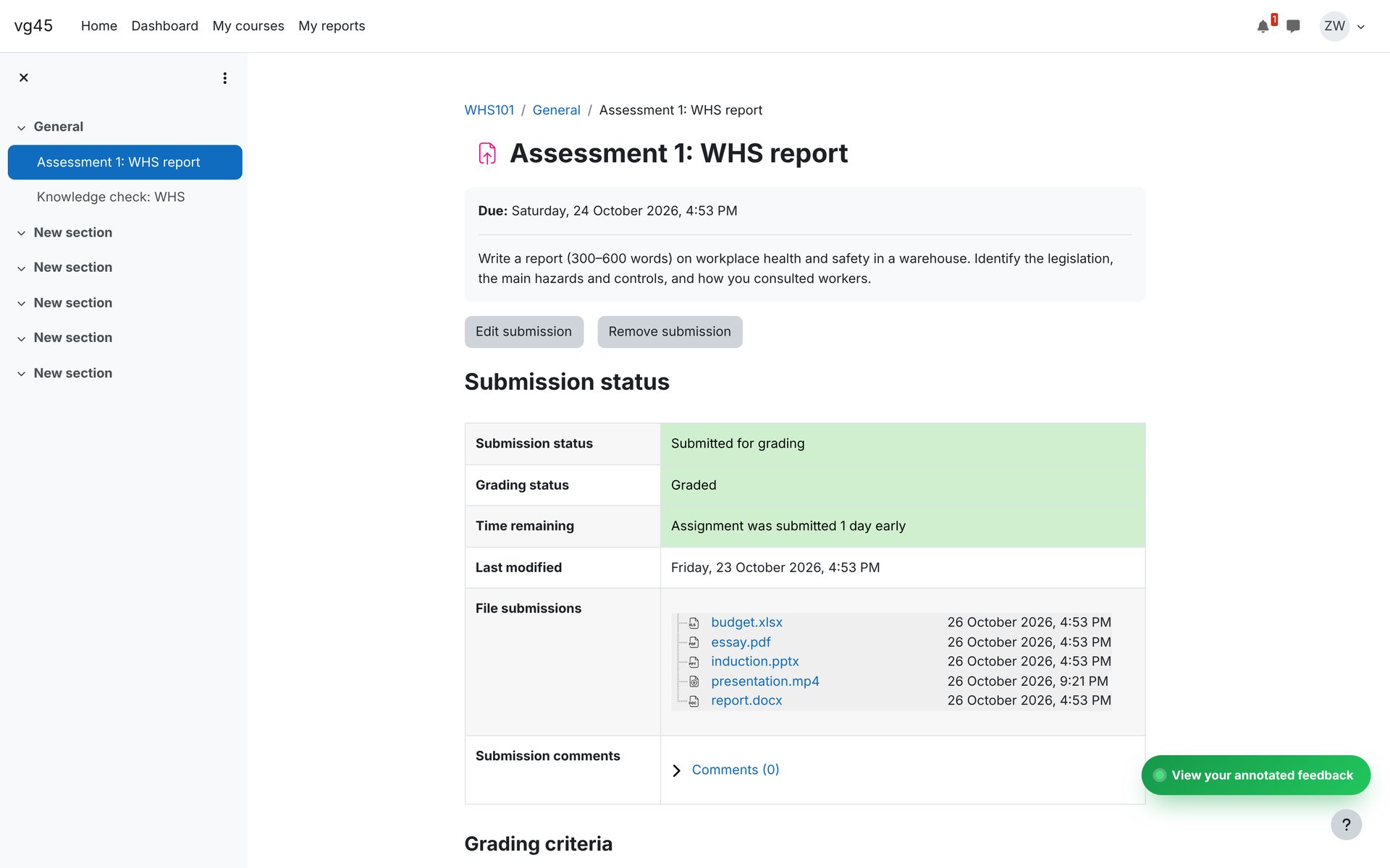 The student button. Students open their feedback from the assignment page.