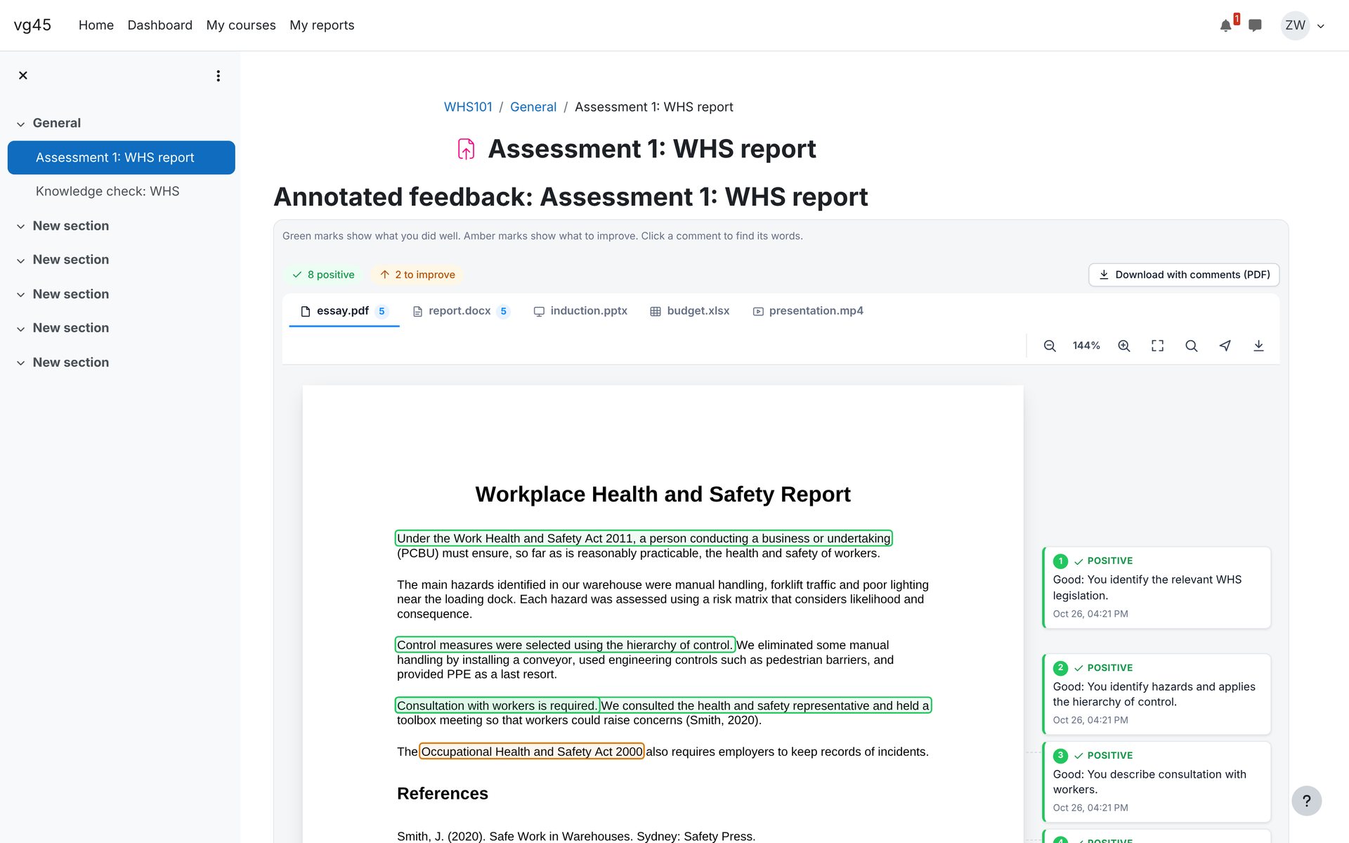 What students see. Annotated feedback on their own work, with a PDF download.